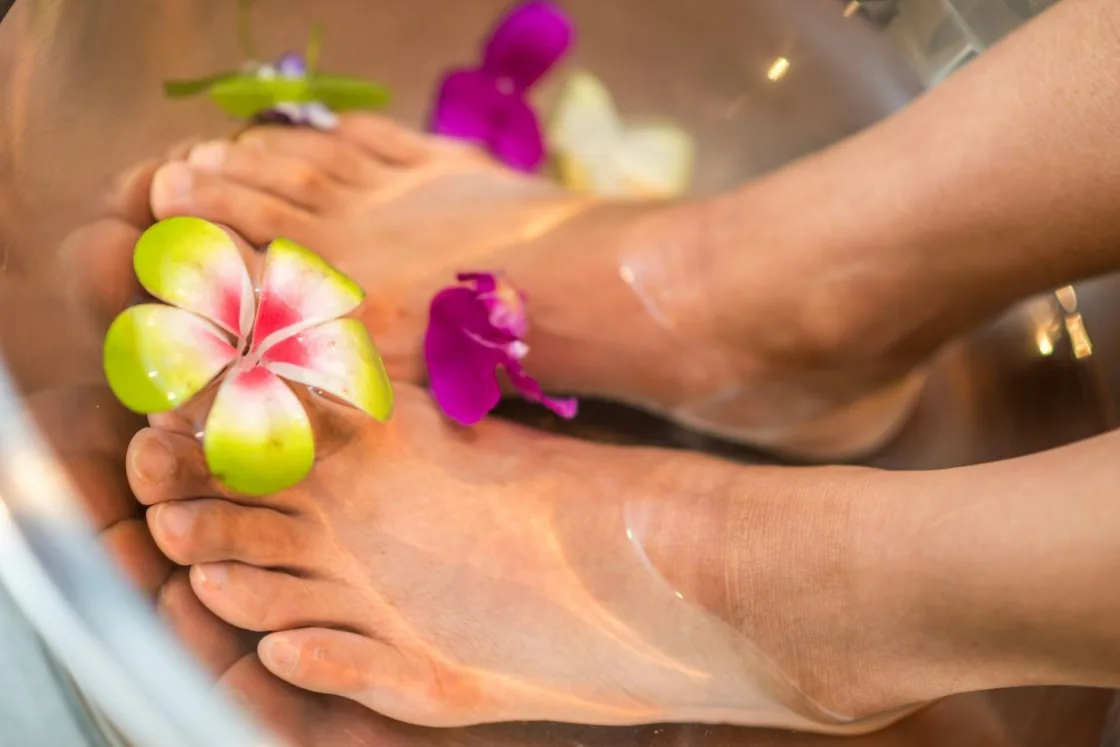 Pedicure foot bath with flowers
